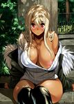  blonde_hair blush boots breasts breasts_outside cleavage dappled_sunlight dark_skin fur_trim gen_(black_factory) highres large_breasts long_hair looking_at_viewer nipple_slip nipples original red_eyes revision shiny sitting smile solo sunlight sweater thigh_boots thighhighs 