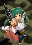  green_hair gun japanese_clothes machine_gun mg42 miko open_mouth original smile solo tabi watarai_keiji weapon 