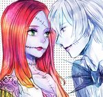  1girl bad_id bad_pixiv_id green_eyes jack_skellington lavender_skin lipstick looking_at_another makeup pale_skin profile red_hair red_lipstick sally_(nbc) scar stitches the_nightmare_before_christmas white_hair yokotn 