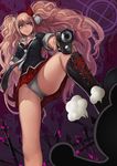  black_footwear blonde_hair blue_eyes boots breasts cleavage cross-laced_footwear danganronpa danganronpa_1 enoshima_junko evan_yang foreshortening from_below grey_panties gun lace-up_boots legs long_hair long_legs medium_breasts monokuma necktie panties pantyshot pantyshot_(standing) skirt sleeves_rolled_up solo standing thighs twintails underwear upskirt weapon 