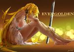  barefoot blade blonde_hair breasts cleavage feet hair_ribbon hantasy highres kiss-shot_acerola-orion_heart-under-blade large_breasts legs long_hair looking_at_viewer monogatari_(series) pointy_ears ribbon signature solo very_long_hair yellow_eyes 