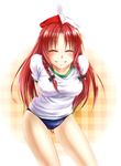  ^_^ alternate_costume arm_behind_back blush braid breasts buruma closed_eyes gym_uniform hat highres hong_meiling long_hair medium_breasts nora_wanko red_hair smile solo touhou twin_braids 