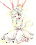  animal_ears arms_up bad_id bad_pixiv_id bdsm bondage bound capelet collar colored_pencil_(medium) dress kuromame_(8gou) long_sleeves looking_at_viewer mouse_ears mouse_tail nazrin red_eyes ribbon silver_hair solo tail touhou traditional_media watercolor_(medium) 