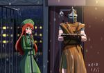  1girl aqua_eyes armor blush bracer braid chainmail chinese_clothes crossed_arms crossover gate guard guard_(skyrim) hat helmet hong_meiling long_coat long_hair long_sleeves open_mouth red_hair snowing standing star suibotuouji the_elder_scrolls the_elder_scrolls_v:_skyrim touhou twin_braids weapon 