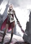  blue_eyes bombomb25 boots building elbow_gloves final_fantasy final_fantasy_xiii gloves highres lightning_farron long_hair looking_at_viewer miniskirt pink_hair serious skirt solo sword weapon 