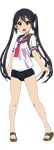  black_hair blush brown_eyes cosplay full_body hair_ribbon highres i-168_(kantai_collection) i-168_(kantai_collection)_(cosplay) k-on! kantai_collection long_hair looking_at_viewer nakano_azusa one-piece_swimsuit open_mouth ribbon round_teeth sandals school_swimsuit school_uniform serafuku short_sleeves solo swimsuit swimsuit_under_clothes teeth transparent_background twintails watanore 