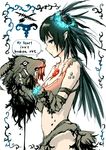  axe black_eyes black_hair blood breasts cleavage english feathers flower forsworn goat hair_ornament hakuaki medium_breasts short_hair sleeveless sword the_elder_scrolls the_elder_scrolls_v:_skyrim weapon 