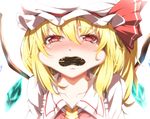  ascot backlighting bad_id bad_pixiv_id blonde_hair blush cheek_bulge collarbone dara3150 dress fangs flandre_scarlet food hat hat_ribbon incoming_kiss looking_at_viewer mob_cap pocky pocky_day red_dress ribbon solo tears touhou upper_body wings you're_doing_it_wrong 