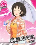  artist_request black_hair card_(medium) character_name closed_eyes flower_(symbol) harada_miyo idolmaster idolmaster_cinderella_girls jewelry necklace official_art pink_background short_hair sleeves_rolled_up solo umbrella 