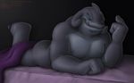  alien anthro bed biceps big_muscles blanket blue_eyes butt gantu grey_skin grin inviting lilo_and_stitch looking_at_viewer lying male muscles nipples nude on_front pecs pose riproarrex scales smile solo teasing text tongue tongue_out 