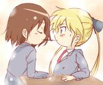  bad_id bad_pixiv_id blonde_hair blush brown_hair food kill_me_baby long_hair multiple_girls neccom necktie oribe_yasuna pocky pocky_kiss purple_eyes school_uniform shared_food short_hair sonya_(kill_me_baby) twintails yuri 