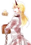  blonde_hair chain cuffs fang horn hoshiguma_yuugi long_hair pointy_ears prison_clothes red_eyes shackles six_(fnrptal1010) skirt solo striped touhou turtleneck vertical_stripes 