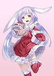  alternate_costume animal_ears blush bunny_ears fur_trim kyon_(fuuran) long_hair looking_at_viewer red_eyes reisen_udongein_inaba santa_costume silver_hair smile solo thighhighs touhou twintails 