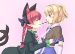  animal_ears blonde_hair blush bow braid cat_ears cat_tail closed_eyes dress extra_ears food green_eyes hair_bow isaki_(gomi) kaenbyou_rin long_hair mizuhashi_parsee multiple_girls multiple_tails pocky pointy_ears ponytail red_hair short_hair simple_background smile tail touhou twin_braids twintails yuri 
