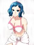  arms_behind_back bare_shoulders bikini_top blue_eyes blue_hair breasts cleavage gundam gundam_build_fighters iori_rinko large_breasts mature navel short_hair smile solo souren 