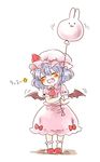  :3 balloon bat_wings blue_hair blush closed_eyes dress fang hat hat_ribbon maru_usagi mob_cap open_mouth pink_dress remilia_scarlet ribbon simple_background smile solo touhou translated uu~ white_background wings younger 
