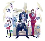  4boys alcohol claudia_hortensia couch cross emiya_kiritsugu fate/zero fate_(series) gate_of_babylon gift gilgamesh gun kotomine_risei multiple_boys multiple_girls ribbon rifle sniper_rifle toosaka_rin toosaka_tokiomi weapon wine yamakawatani 