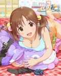  :d barefoot bed bed_sheet bedroom breast_rest breasts brown_eyes brown_hair cleavage hair_ornament idolmaster idolmaster_cinderella_girls indoors jewelry large_breasts looking_at_viewer lying midriff official_art on_bed open_mouth pendant room shorts sleeveless smile socks socks_removed solo stuffed_animal stuffed_donkey stuffed_toy tank_top totoki_airi twintails 