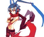  antenna_hair belt blue_hair crossed_arms disgaea fingerless_gloves gloves laharl male_focus pants pointy_ears red_eyes red_scarf saimon_ma scarf shirtless solo 
