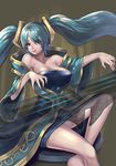  aqua_hair bare_shoulders breasts brown_eyes character_name cleavage highres instrument large_breasts league_of_legends lips long_hair looking_at_viewer ririko_(zhuoyandesailaer) sitting solo sona_buvelle twintails 