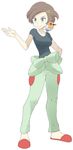  blue_eyes breasts brown_hair clothes_around_waist fletchling full_body gen_6_pokemon hair_ornament hairclip highres jacket_around_waist medium_breasts official_style pokemon pokemon_(game) pokemon_xy saki_(pokemon) short_hair slippers smile solo souji white_background 