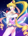  :o ass back_bow bishoujo_senshi_sailor_moon blonde_hair blue_background blue_eyes blue_sailor_collar bow crescent_moon double_bun earrings elbow_gloves gloves hair_ornament hairpin jewelry long_hair magical_girl miniskirt moon multicolored multicolored_clothes multicolored_skirt ourin red_bow ribbon sailor_collar sailor_moon sailor_senshi_uniform skirt solo sparkle super_sailor_moon surprised tiara tsukino_usagi twintails white_gloves 