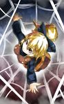  blonde_hair bow from_above hair_bow hashiro highres kurodani_yamame long_sleeves looking_up outstretched_arms outstretched_hand ponytail red_eyes short_hair silk smile solo spider_web touhou 