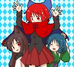  ^_^ animal_ears blue_hair bow brown_hair capelet closed_eyes double_dealing_character drill_hair gimicalmas grass_root_youkai_network hair_bow imaizumi_kagerou large_bow long_hair md5_mismatch multiple_girls red_eyes red_hair sekibanki short_hair sweat touhou wakasagihime wolf_ears 
