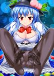  black_legwear blue_hair blush bow bra breasts feet food fruit hat highres hinanawi_tenshi honda_takaharu large_breasts long_hair open_clothes panties panties_under_pantyhose pantyhose peach pov_feet red_eyes smile solo thighband_pantyhose touhou underwear white_bra 