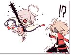  &gt;_&lt; 1boy 1girl :d ahoge bad_id bad_pixiv_id black_pants blazblue chibi closed_eyes club eyepatch food heart heart_ahoge kuro_yuzu nu-13 open_mouth pants pocky pocky_day ragna_the_bloodedge shocked_eyes smile spiked_club wall weapon xd you_gonna_get_raped 