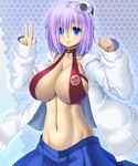  arms_up asamura_hiori blue_background blush breasts collarbone dark_skin hair_ornament highres honeycomb_(pattern) honeycomb_background jacket large_breasts navel open_clothes open_jacket original purple_hair revealing_clothes short_hair skirt smile solo v 