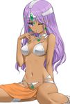  anklet armor bikini bikini_armor dark_skin dragon_quest dragon_quest_iv earrings finger_to_mouth jewelry long_hair manya navel necklace one_eye_closed pelvic_curtain purple_eyes purple_hair shimamura_miwa sitting solo swimsuit thighlet wariza 