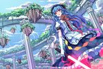 blue_hair blue_sky blush cloud day elbow_gloves floating_rock food fruit gloves glowing glowing_sword glowing_weapon hat hinanawi_tenshi koxo-01 long_hair open_mouth peach pillar pink_eyes puffy_sleeves shirt short_sleeves skirt sky solo sword_of_hisou touhou very_long_hair weapon white_gloves 
