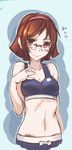  bare_shoulders blush breasts brown_eyes brown_hair glasses gundam gundam_build_fighters hairband highres kousaka_china navel over-rim_eyewear red-framed_eyewear rotix semi-rimless_eyewear short_hair small_breasts smile 