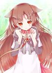  :&lt; animal_ears blush brooch brown_hair collar fingernails highres imaizumi_kagerou japa jewelry leash long_hair long_sleeves looking_at_viewer red_eyes solo touhou very_long_hair wolf_ears 