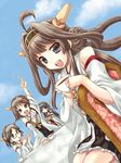  bare_shoulders black_eyes black_hair blue_sky blush brown_hair chair cloud cup day detached_sleeves double_bun glasses hair_ornament hairband hairclip haruna_(kantai_collection) headgear hiei_(kantai_collection) japanese_clothes kantai_collection kirishima_(kantai_collection) kongou_(kantai_collection) long_hair momozakura_nanao multiple_girls nontraditional_miko open_mouth plaid pudin short_hair sitting skirt sky smile table teacup tray yellow_eyes 