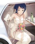  artist_request bare_shoulders black_eyes blue_hair bouquet breasts cleavage collarbone dress flower gloves idolmaster idolmaster_cinderella_girls jewelry medium_breasts necklace official_art short_hair sitting smile solo wakui_rumi wedding_dress 