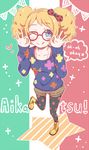  ;q aikatsu! aikatsu!_(series) bad_id bad_pixiv_id black_legwear blonde_hair blue_eyes boots bow catchphrase check_(check_book) copyright_name double_ok_sign english glasses hair_bow legwear_under_shorts ok_sign one_eye_closed pantyhose polka_dot polka_dot_bow polka_dot_legwear print_sweater saegusa_kii shorts solo star sweater tongue tongue_out twintails 