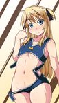  blonde_hair blue_eyes commentary_request food hatsuyuki_(hatuyuki4) long_hair one-piece_swimsuit pocky quiz_magic_academy shalon solo swimsuit two_side_up unbuttoned 