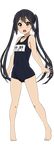  barefoot black_hair blush brown_eyes full_body highres k-on! long_hair looking_at_viewer md5_mismatch nakano_azusa one-piece_swimsuit open_mouth round_teeth school_swimsuit solo swimsuit teeth transparent_background twintails watanore 