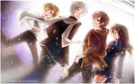  3boys ao_oni bangs black_eyes black_pants blazer blonde_hair brown_coat brown_hair cigarette clenched_hand closed_eyes coat dress ears fingers glasses grey_hair hands_in_pockets hiroshi_(ao_oni) jacket jisonshin long_hair looking_at_viewer looking_back mika_(ao_oni) multiple_boys open_mouth pants petals red_hair round_eyewear sailor_dress scarf school_uniform shirt short_hair short_ponytail sidelocks smoking socks takeshi_(ao_oni) takurou_(ao_oni) teeth wallpaper watermark white_shirt yellow_eyes 