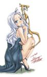  2013 animal blue_eyes dress fairy_tail full_body high_heels long_legs mashima_hiro mirajane_strauss signature silver_hair simple_background solo white_background 