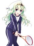  :d ahoge blue_eyes green_hair gym_uniform highres jacket long_hair miyase_mahiro open_mouth pants racket smile solo tenkuu_no_kuni_no_titania tennis_racket track_jacket track_pants track_suit 