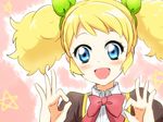  :d aikatsu! aikatsu!_(series) blonde_hair blue_eyes dream_academy_uniform hair_ribbon maruki_(punchiki) no_eyewear ok_sign open_mouth pentagram pink_background ribbon saegusa_kii school_uniform smile solo twintails 