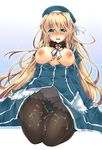 atago_(kantai_collection) blonde_hair blush breasts cum cum_on_body cum_on_clothes cum_on_lower_body green_eyes hat highres kantai_collection kneeling large_breasts long_hair looking_at_viewer military military_uniform nipples open_mouth panties pantyhose sesield solo thigh_gap underwear uniform 