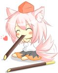  :3 ^_^ animal_ears blush_stickers chibi closed_eyes dengeki64 eating food happy hat heart highres inubashiri_momiji minigirl pocky solo tail tail_wagging tokin_hat touhou wolf_ears wolf_tail 