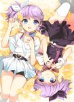  :d bad_id bad_pixiv_id bike_shorts blue_eyes bow dj_max dj_max_portable dress earrings hair_bow jewelry ladymade_star lying multiple_girls on_back open_mouth purple_hair siblings side_ponytail sisters sitting smile twins upside-down vanilla_(shade) 