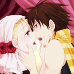  1girl bad_id bad_pixiv_id bandana blonde_hair blue_eyes brown_hair couple dress hetero hu_kino imminent_kiss jojo_no_kimyou_na_bouken joseph_joestar_(young) purple_eyes scarf suzi_q 