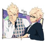  blonde_hair blue_eyes chin_rest dramatical_murder earrings formal glasses jewelry leaning mosako multiple_boys necktie plaid plaid_neckwear plaid_vest suit trip_(dramatical_murder) vest virus_(dramatical_murder) 