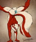  anal balls buttplug dildo dunstanmarshall flexible fur handstand male mammal nude plain_background red_eyes red_fur sex_toy skunk solo upside_down 